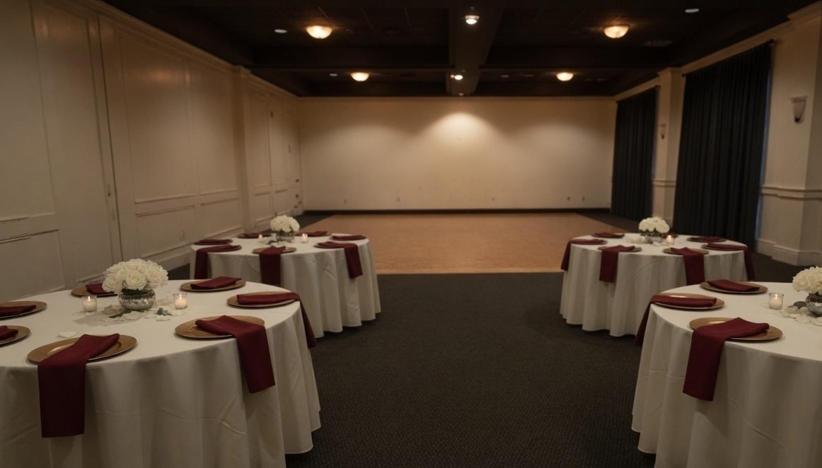 Ivory-clothed tables set on either side of a clear aisle to the dance floor