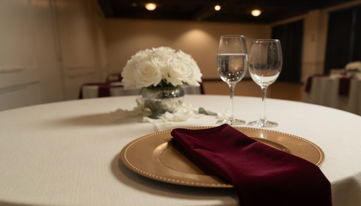 A gold charger, burgundy napkin, and white roses on ivory linen